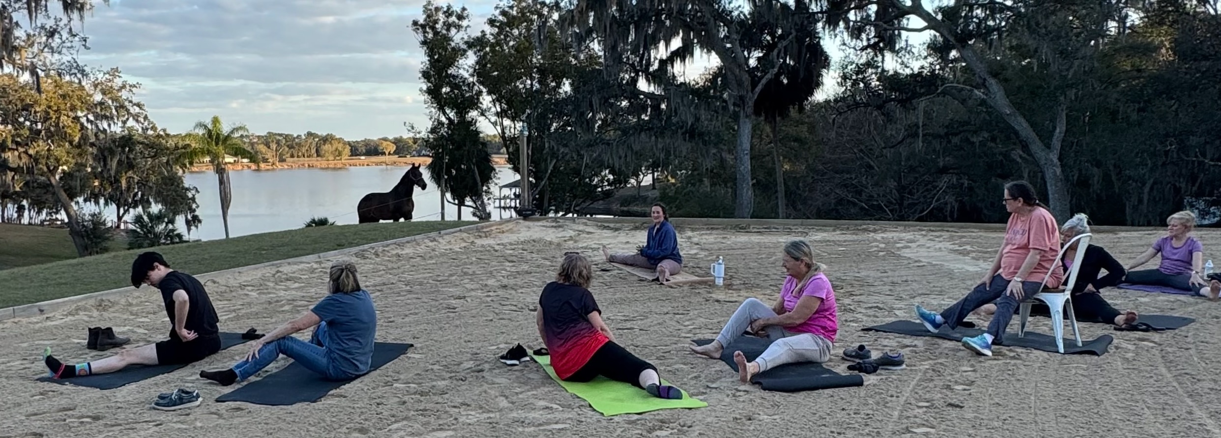 Yoga session lakeside at Red Bird Farm